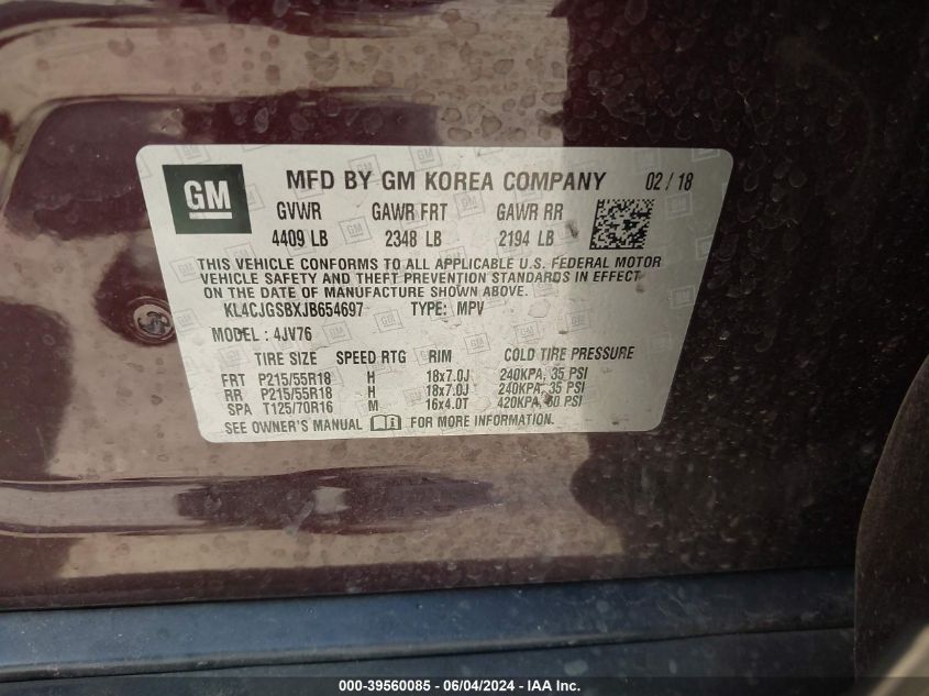 2018 Buick Encore Essence VIN: KL4CJGSBXJB654697 Lot: 39560085