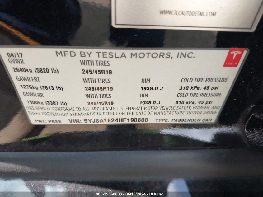 2017 Tesla Model S 100D/60D/75D/90D/P100D VIN: 5YJSA1E24HF190808 Lot: 39560088