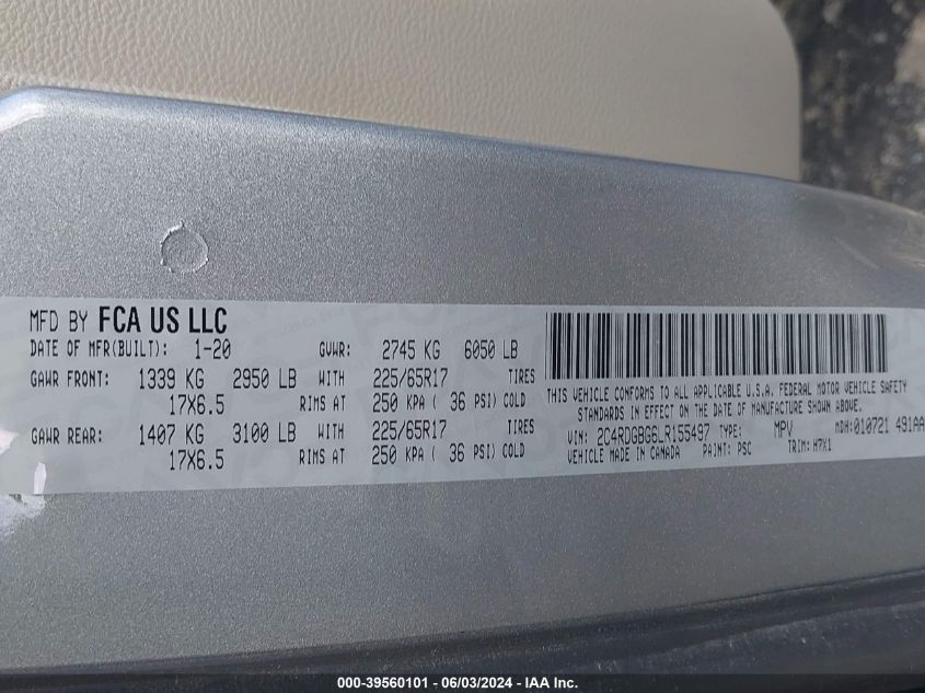 2020 Dodge Grand Caravan Se VIN: 2C4RDGBG6LR155497 Lot: 39560101