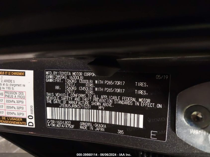 2019 Toyota 4Runner Sr5 Premium VIN: JTEBU5JR8K5715231 Lot: 39560114