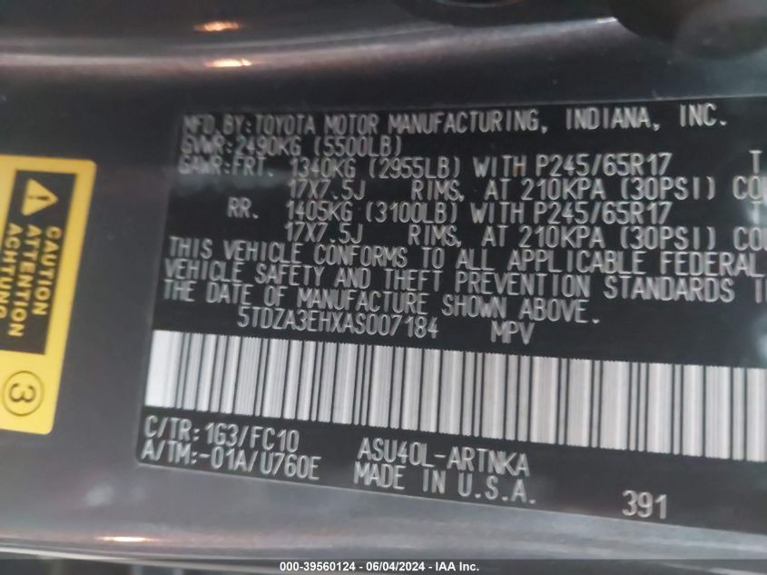 2010 Toyota Highlander VIN: 5TDZA3EHXAS007184 Lot: 39560124