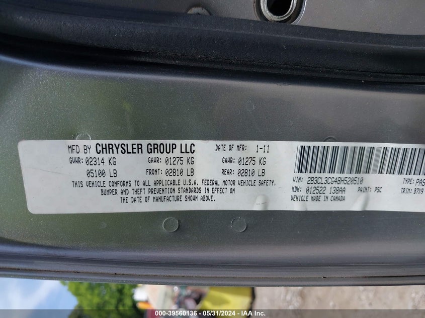 2011 Dodge Charger VIN: 2B3CL3CG4BH520510 Lot: 39560136