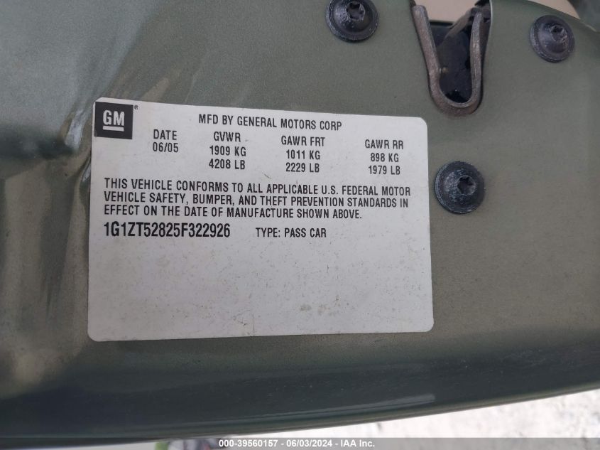 2005 Chevrolet Malibu Ls VIN: 1G1ZT52825F322926 Lot: 39560157