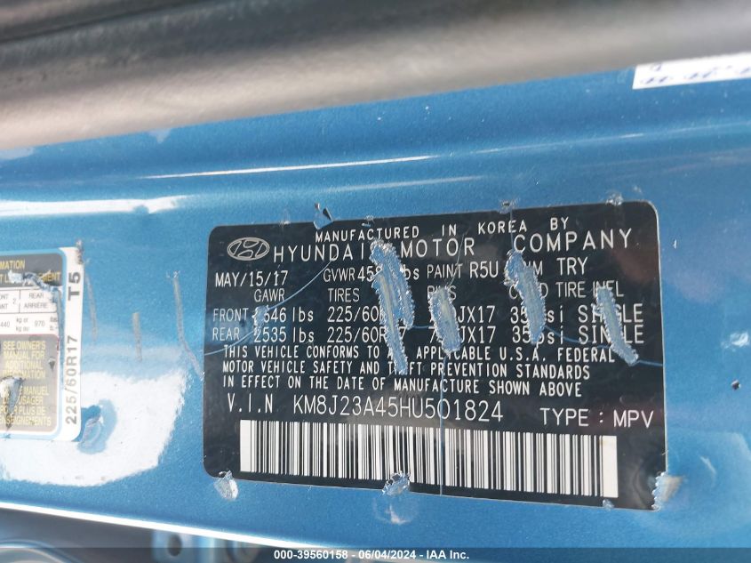 2017 Hyundai Tucson Se VIN: KM8J23A45HU501824 Lot: 39560158