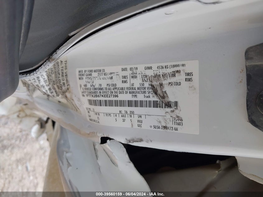 2019 Ford F-250 Xl VIN: 1FT7X2B67KEE27396 Lot: 39560159