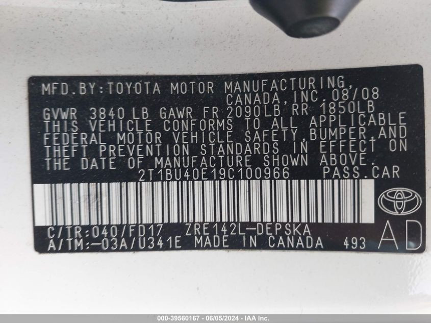 2009 Toyota Corolla S VIN: 2T1BU40E19C100966 Lot: 39560167