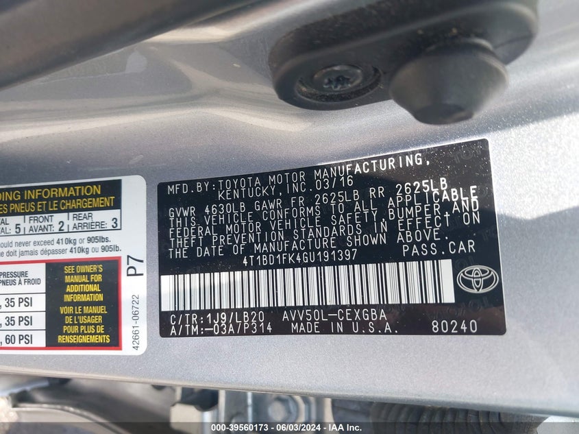 2016 Toyota Camry Hybrid Xle VIN: 4T1BD1FK4GU191397 Lot: 39560173