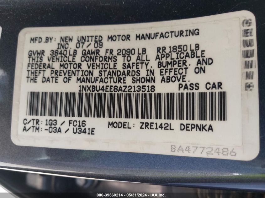 2010 Toyota Corolla Xle VIN: 1NXBU4EE8AZ213518 Lot: 39560214