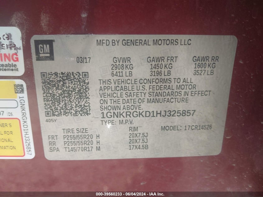 2017 Chevrolet Traverse 1Lt VIN: 1GNKRGKD1HJ325857 Lot: 39560233