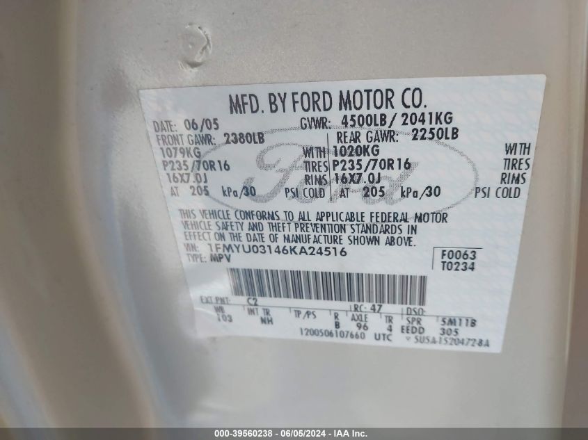 2006 Ford Escape Xlt/Xlt Sport VIN: 1FMYU03146KA24516 Lot: 39560238