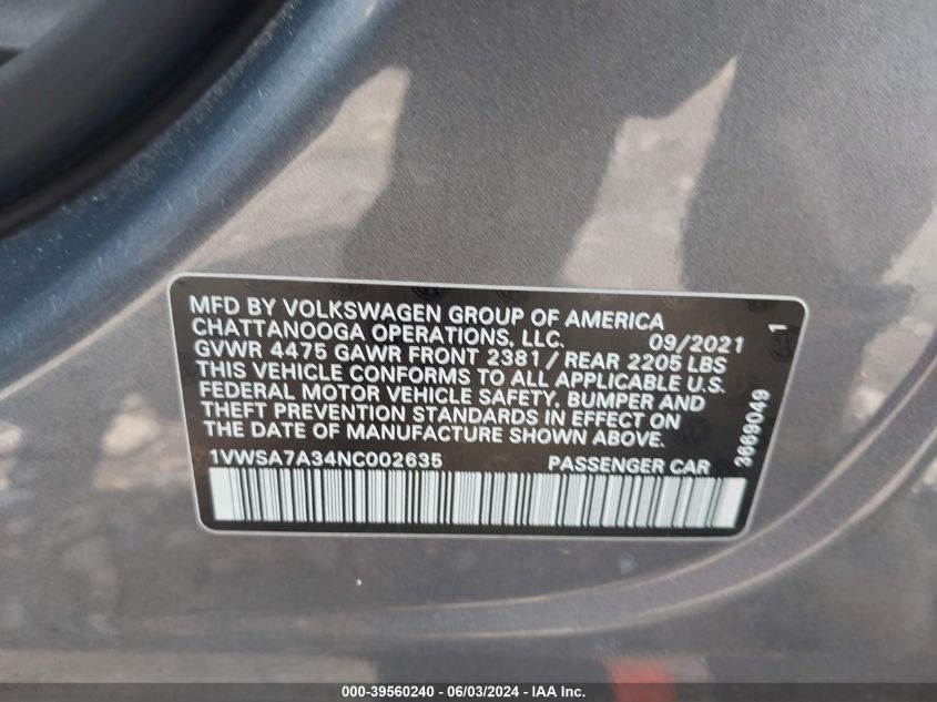 2022 Volkswagen Passat 2.0T Se VIN: 1VWSA7A34NC002635 Lot: 39560240