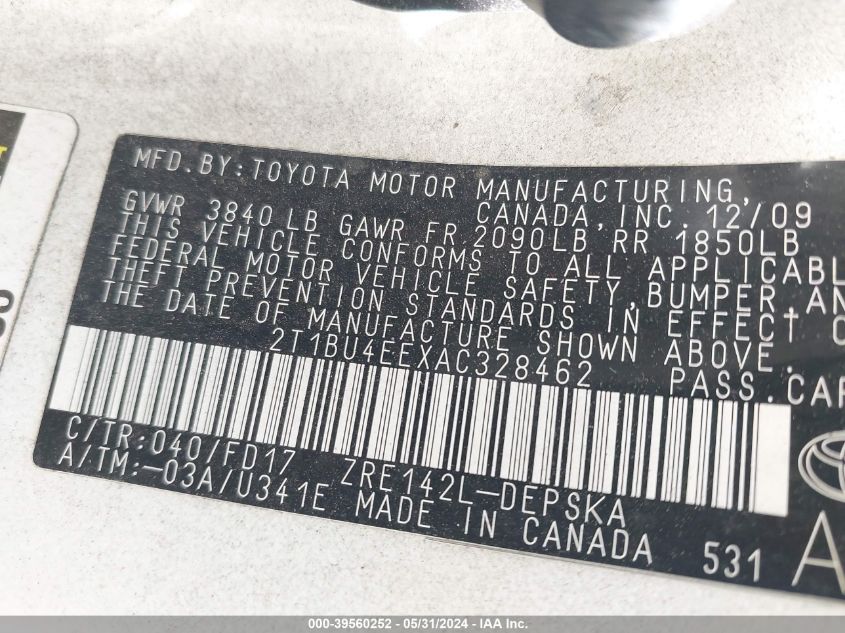 2010 Toyota Corolla S VIN: 2T1BU4EEXAC328462 Lot: 39560252