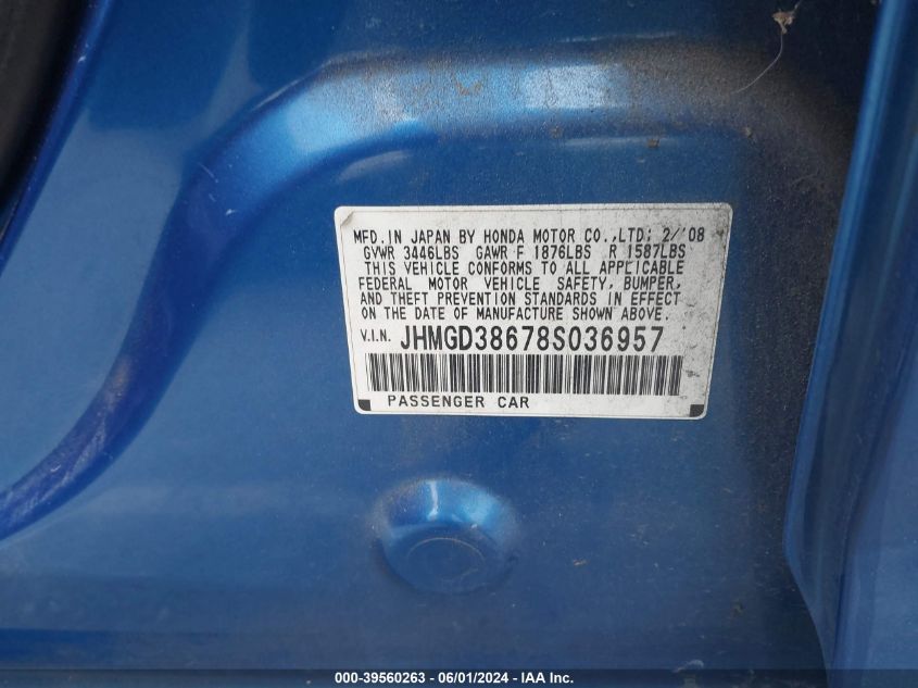 2008 Honda Fit Sport VIN: JHMGD38678S036957 Lot: 39560263