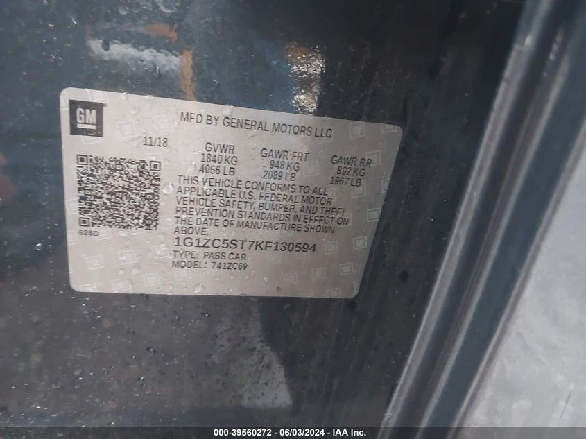 2019 Chevrolet Malibu 1Fl VIN: 1G1ZC5ST7KF130594 Lot: 39560272