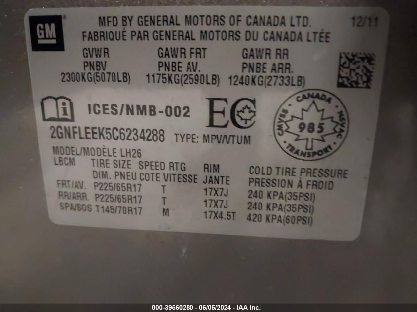 2012 Chevrolet Equinox 1Lt VIN: 2GNFLEEK5C6234288 Lot: 39560280