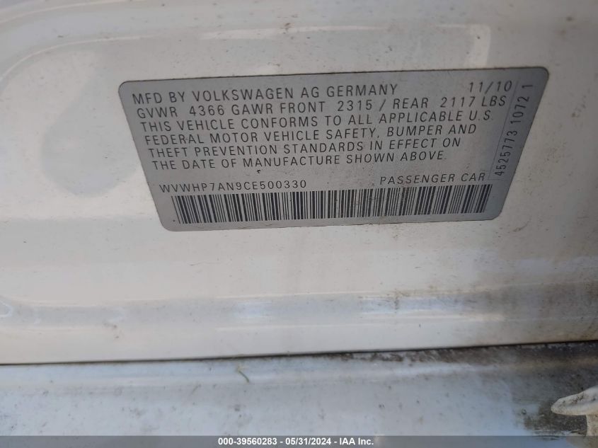 2012 Volkswagen Cc Lux VIN: WVWHP7AN9CE500330 Lot: 39560283