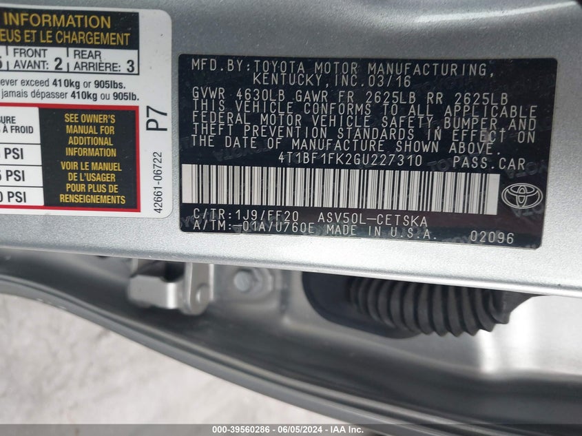 2016 Toyota Camry Se VIN: 4T1BF1FK2GU227310 Lot: 39560286