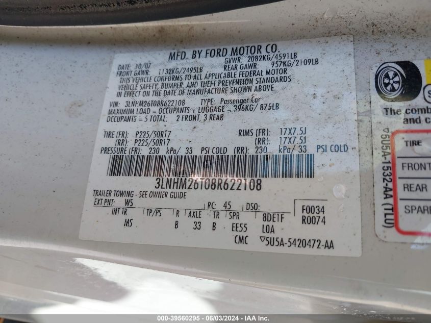 2008 Lincoln Mkz VIN: 3LNHM26T08R622108 Lot: 39560295