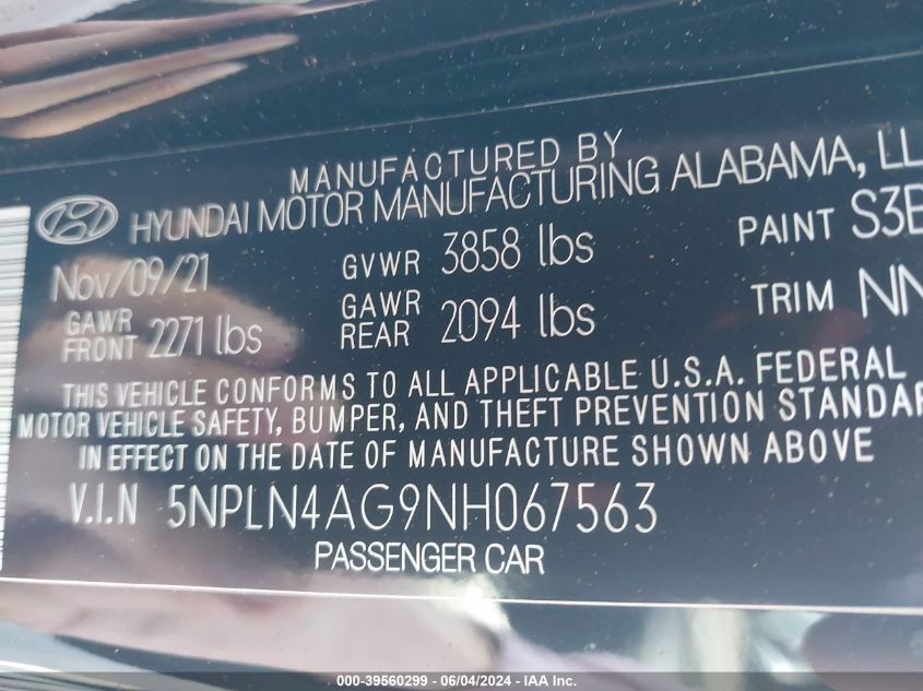 2022 Hyundai Elantra Sel VIN: 5NPLN4AG9NH067563 Lot: 39560299