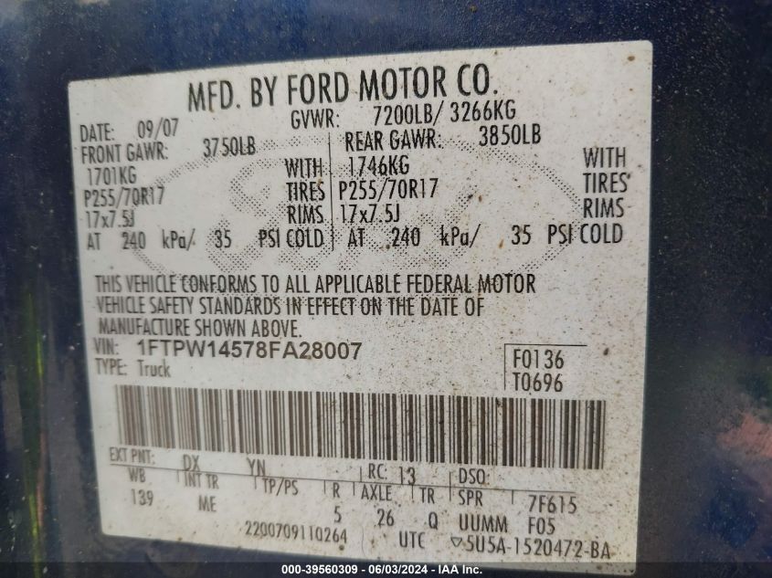 1FTPW14578FA28007 | 2008 FORD F-150