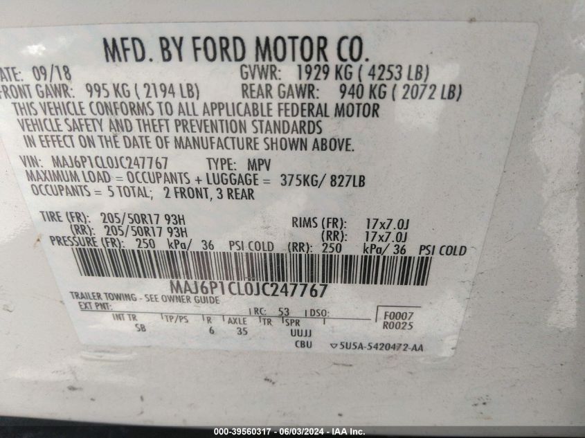 2018 Ford Ecosport Ses VIN: MAJ6P1CL0JC247767 Lot: 39560317