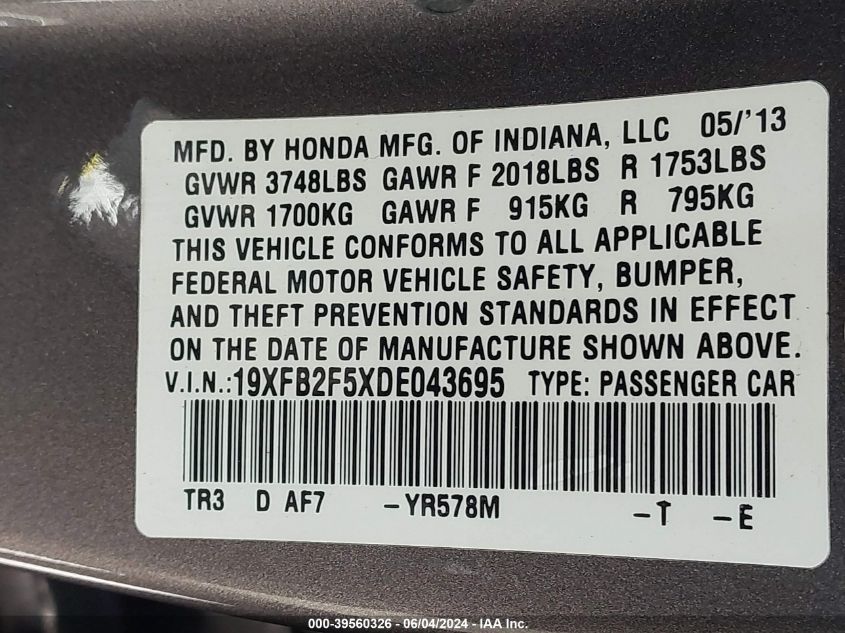 2013 Honda Civic Lx VIN: 19XFB2F5XDE043695 Lot: 39560326