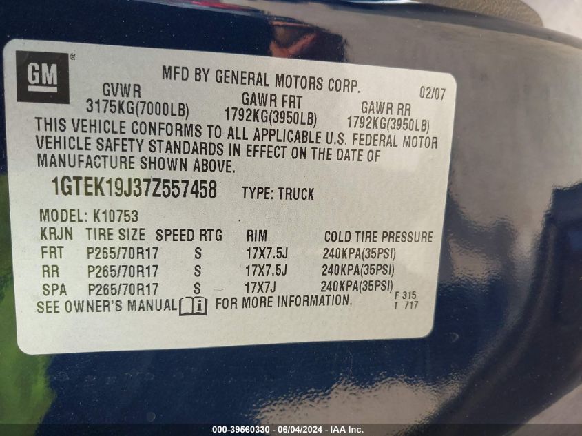 2007 GMC Sierra 1500 Sle2 VIN: 1GTEK19J37Z557458 Lot: 39560330