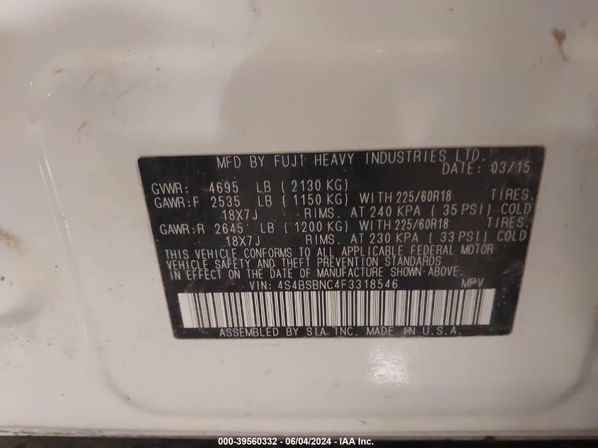 2015 Subaru Outback 2.5I Limited VIN: 4S4BSBNC4F3318546 Lot: 39560332