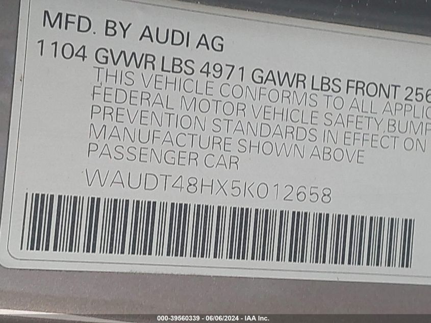 2005 Audi A4 3.0L VIN: WAUDT48HX5K012658 Lot: 39560339