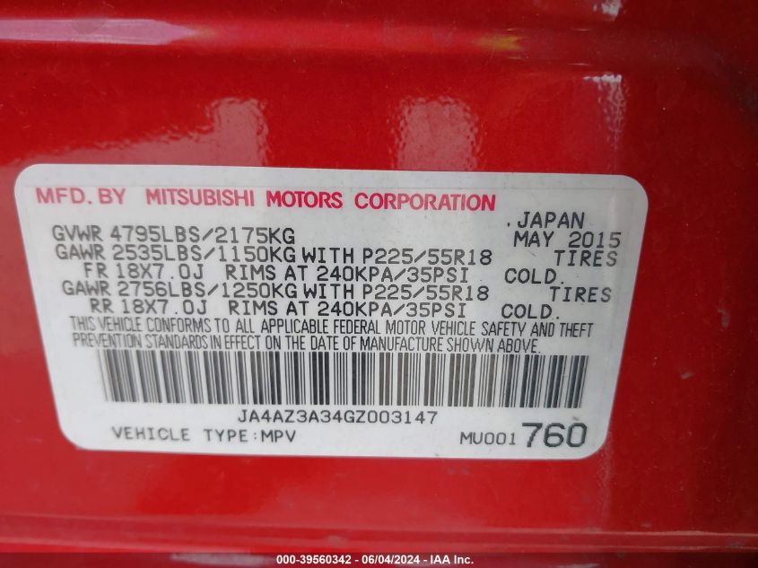 2016 Mitsubishi Outlander Sel VIN: JA4AZ3A34GZ003147 Lot: 39560342