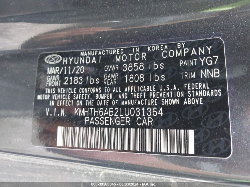 2020 Hyundai Veloster Turbo VIN: KMHTH6AB2LU031364 Lot: 39560345