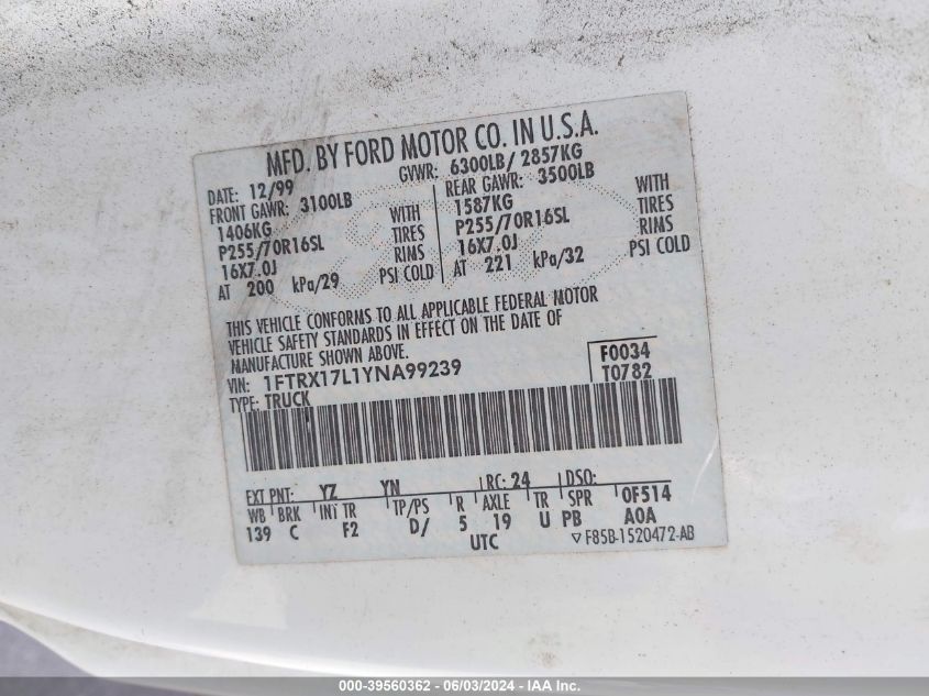 2000 Ford F-150 Lariat/Work Series/Xl/Xlt VIN: 1FTRX17L1YNA99239 Lot: 39560362