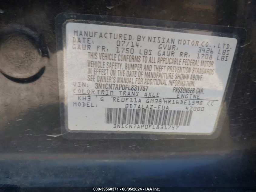 2015 Nissan Versa 1.6 S+ VIN: 3N1CN7AP0FL831757 Lot: 39560371