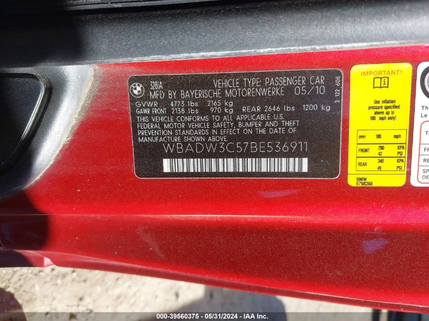 2011 BMW 328I VIN: WBADW3C57BE536911 Lot: 39560375