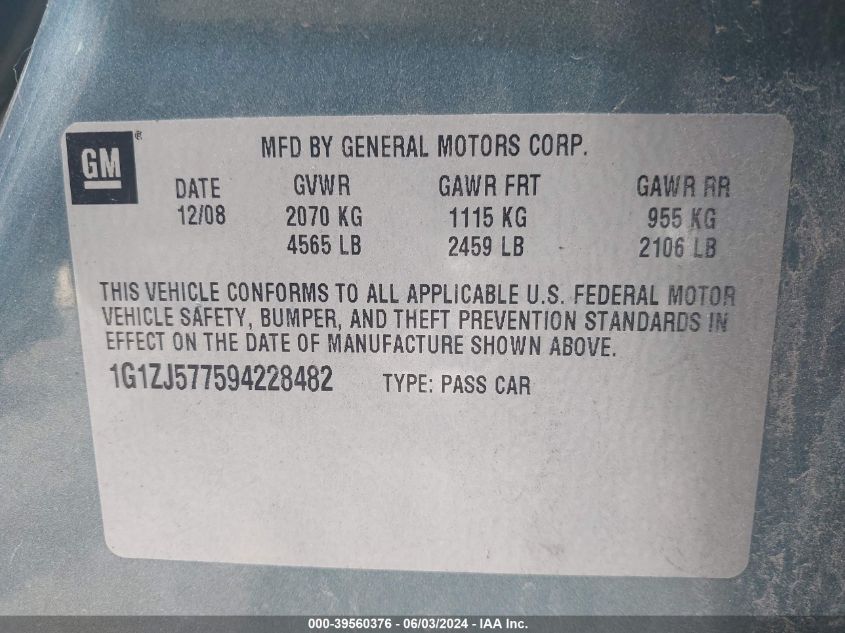 2009 Chevrolet Malibu Lt VIN: 1G1ZJ577594228482 Lot: 39560376