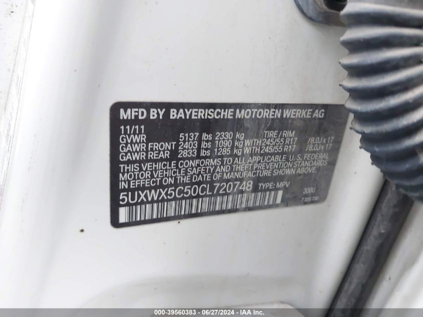 2012 BMW X3 xDrive28I VIN: 5UXWX5C50CL720748 Lot: 39560383