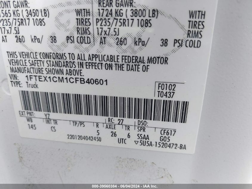 2012 Ford F-150 Xl VIN: 1FTEX1CM1CFB40601 Lot: 39560384