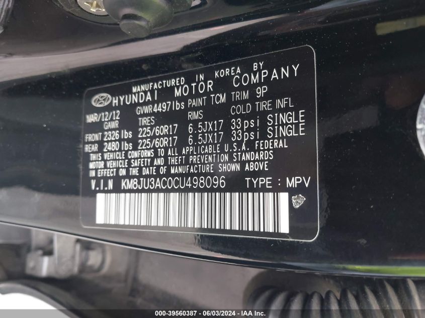 2012 Hyundai Tucson Gls VIN: KM8JU3AC0CU498096 Lot: 39560387