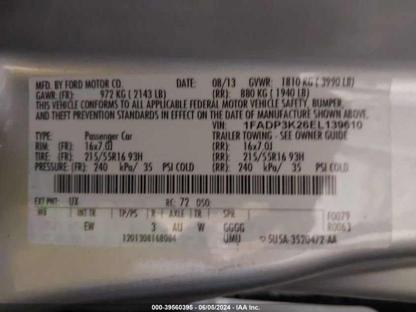 2014 Ford Focus Se VIN: 1FADP3K26EL139610 Lot: 39560395