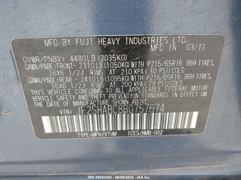 2011 Subaru Forester 2.5X VIN: JF2SHABC8BG757674 Lot: 39560405