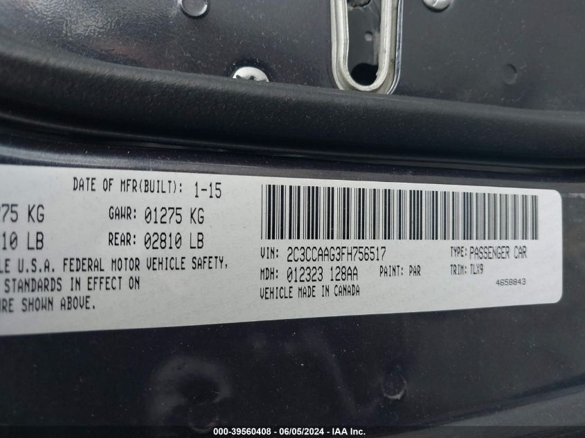 2015 Chrysler 300 Limited VIN: 2C3CCAAG3FH756517 Lot: 39560408