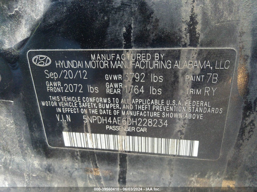 2013 Hyundai Elantra Limited VIN: 5NPDH4AE6DH228234 Lot: 39560410