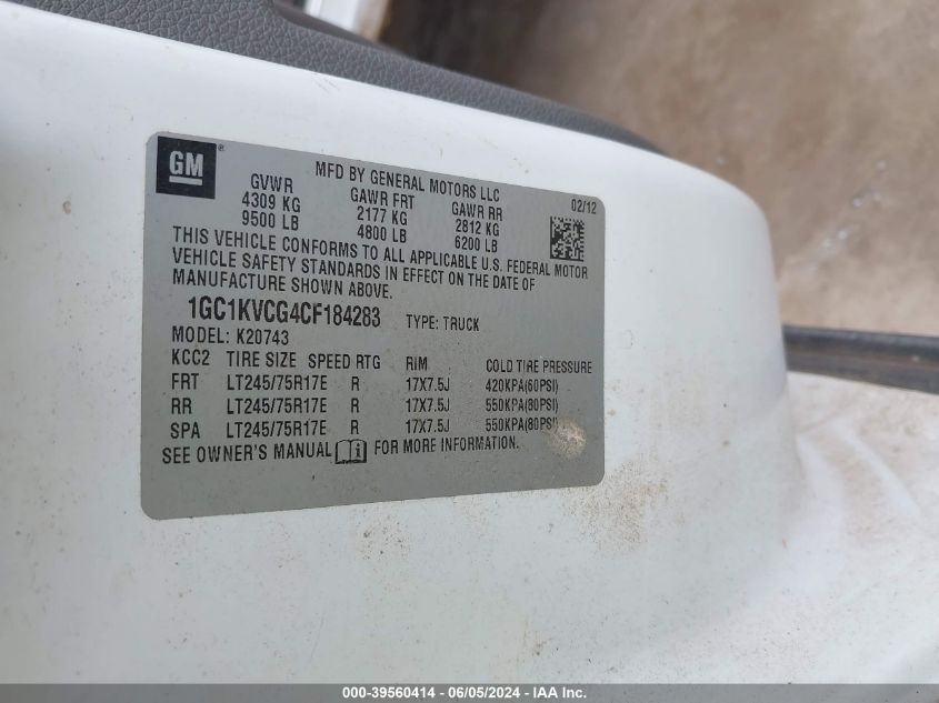 2012 Chevrolet Silverado 2500Hd Work Truck VIN: 1GC1KVCG4CF184283 Lot: 39560414