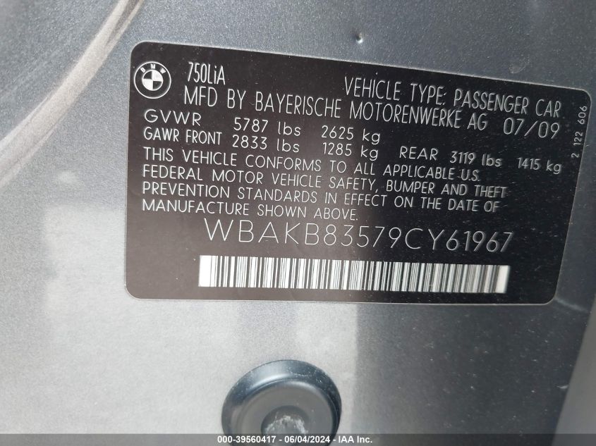 2009 BMW 750Li VIN: WBAKB83579CY61967 Lot: 39560417