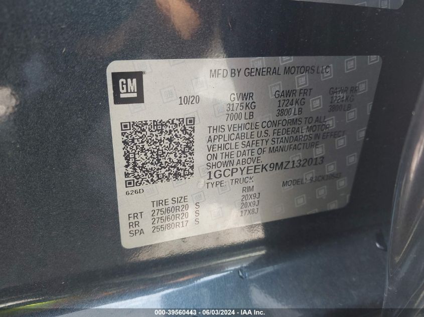 2021 Chevrolet Silverado 1500 4Wd Short Bed Rst VIN: 1GCPYEEK9MZ132013 Lot: 39560443