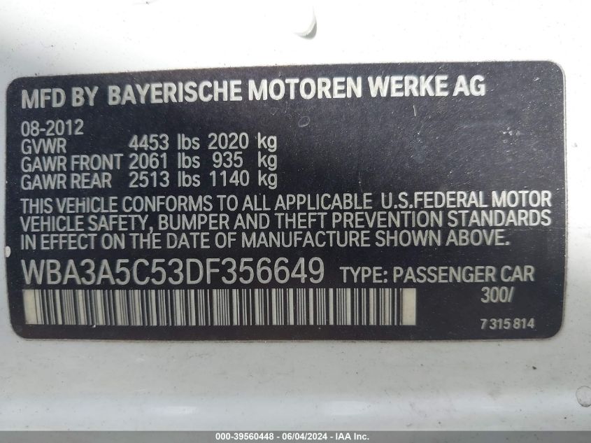 2013 BMW 328I VIN: WBA3A5C53DF356649 Lot: 39560448