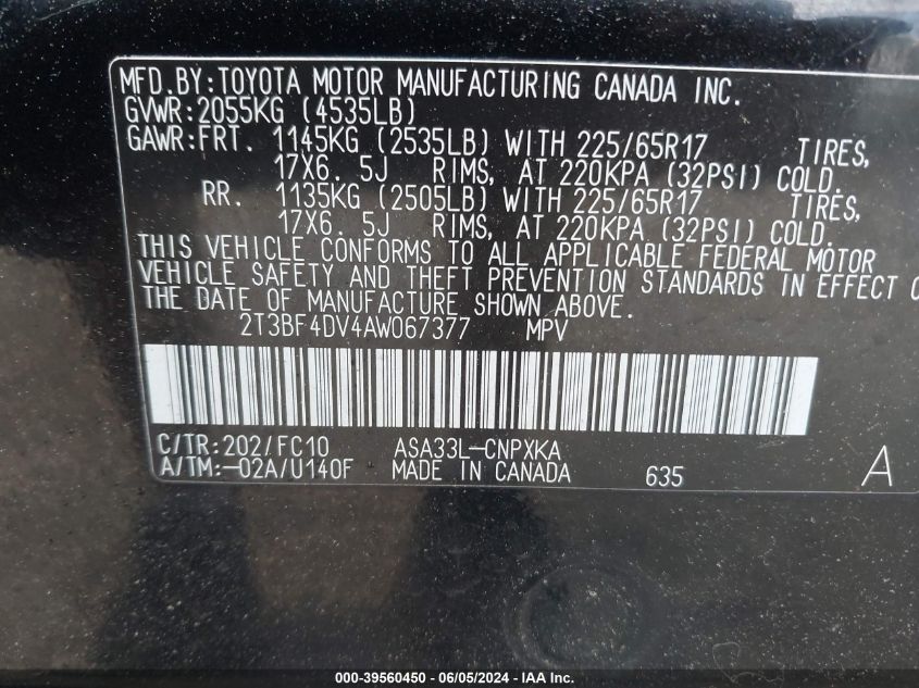 2010 Toyota Rav4 VIN: 2T3BF4DV4AW067377 Lot: 39560450