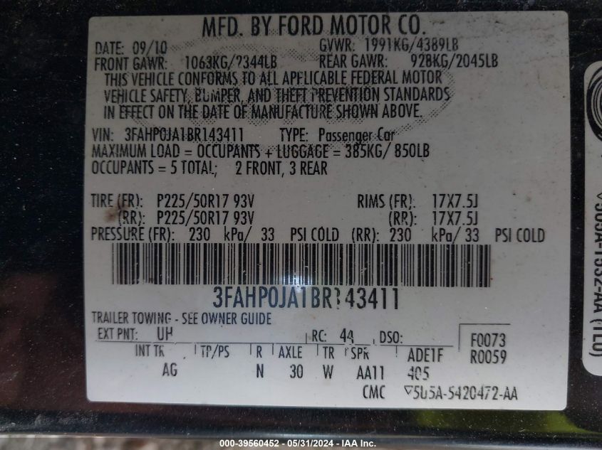 2011 Ford Fusion Sel VIN: 3FAHP0JA1BR143411 Lot: 39560452