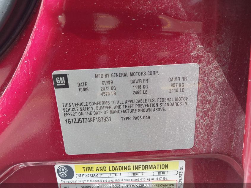 2009 Chevrolet Malibu 2Lt VIN: 1G1ZJ57749F187931 Lot: 39560476