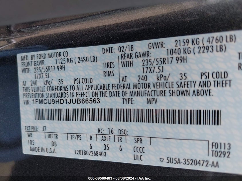 2018 Ford Escape Sel VIN: 1FMCU9HD1JUB66563 Lot: 39560483